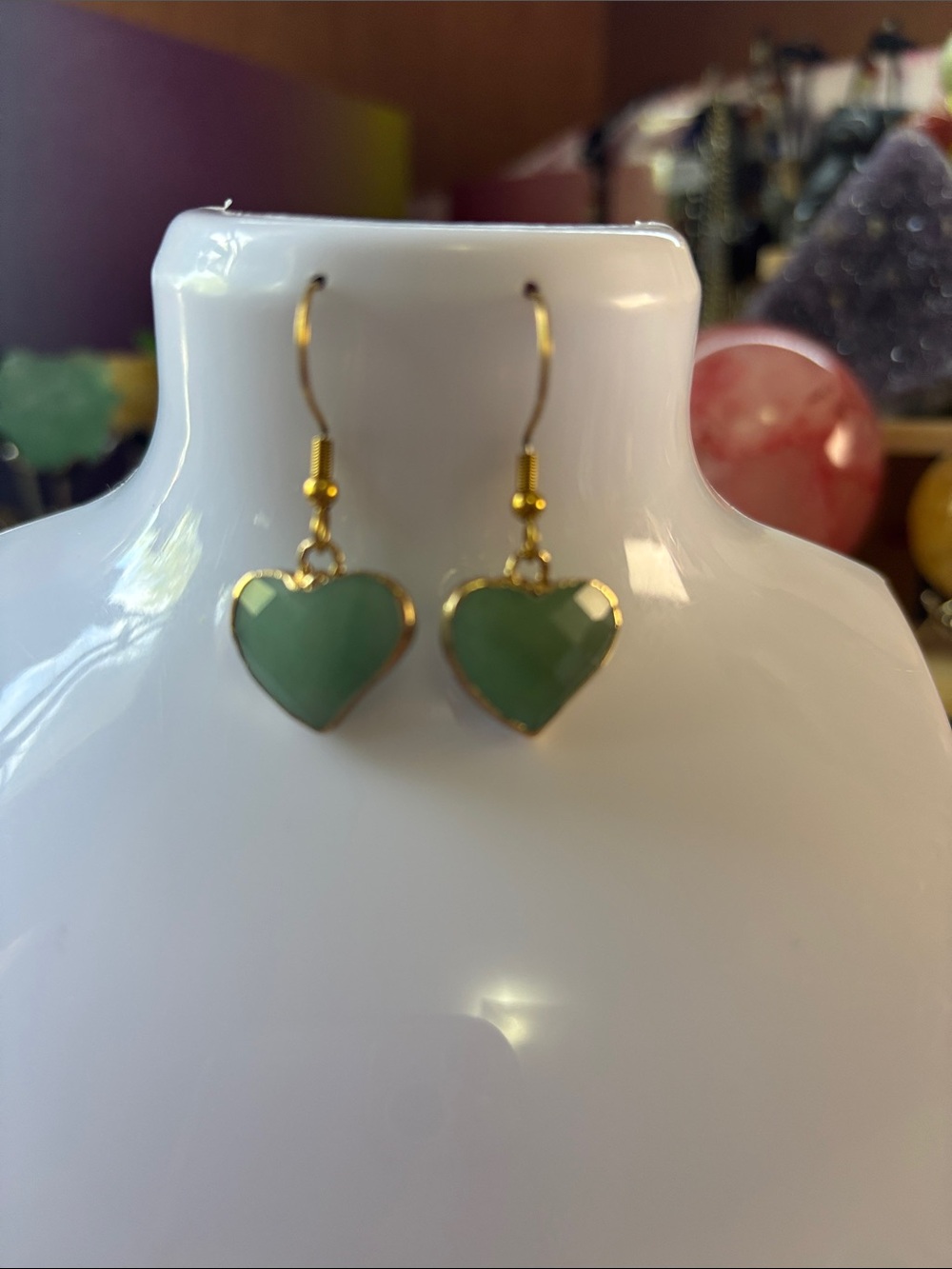 Green Aventurine Gold Heart Drop Earrings